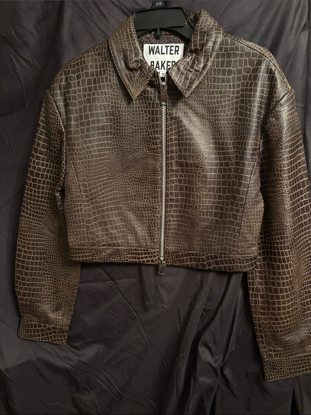 Walter Baker Dark Brown Croc-Embossed Leather Zip Jacket - Picture 1 of 6